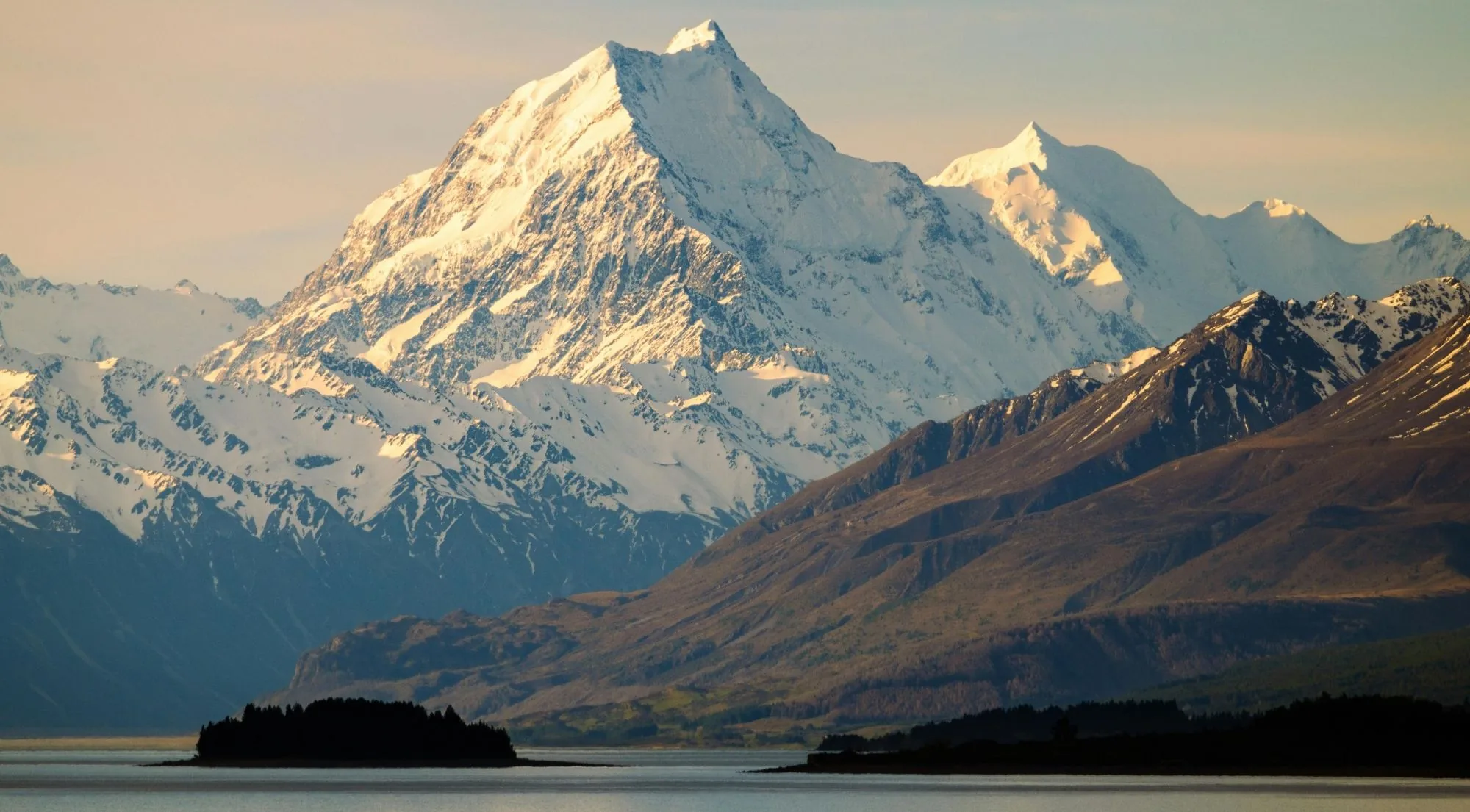 Aoraki/Mount Cook in golden evening light above Lake Pūkaki
